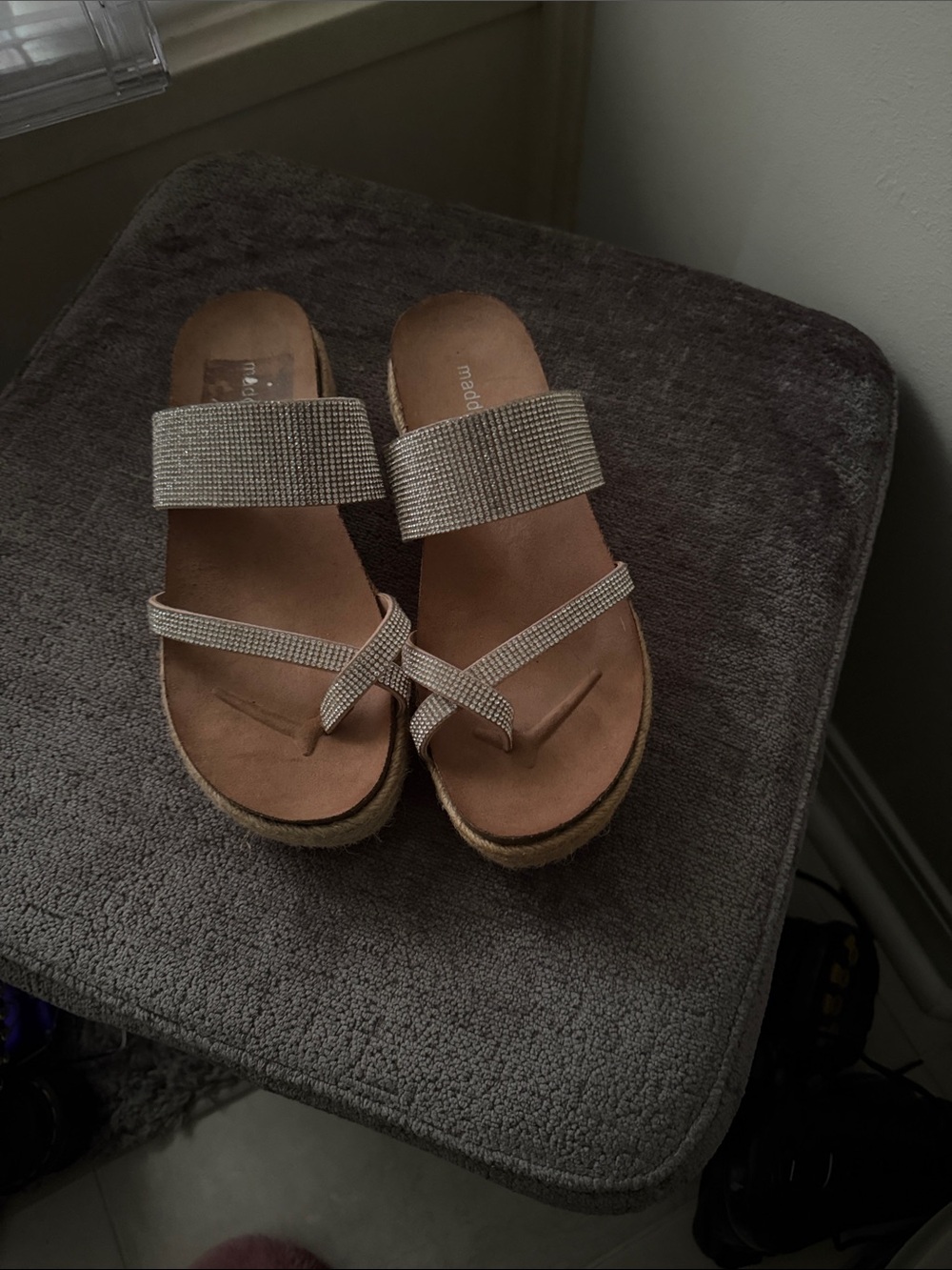 Madden Girl Beige Rhinestone Two-Strap Platform Sandals